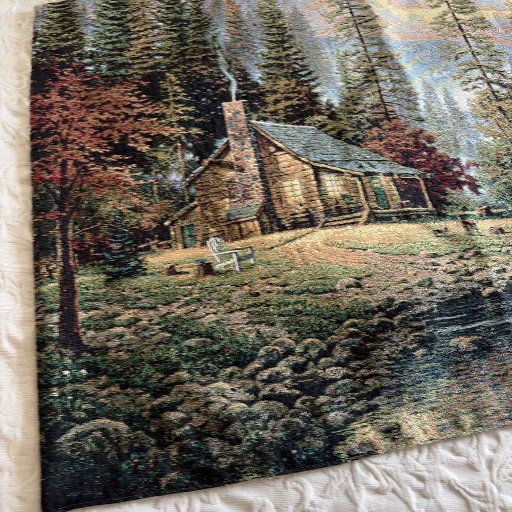 Thomas Kinkade Tapestry Wall Hanging Cabin Boat Duck Pier A Peaceful Retreat USA